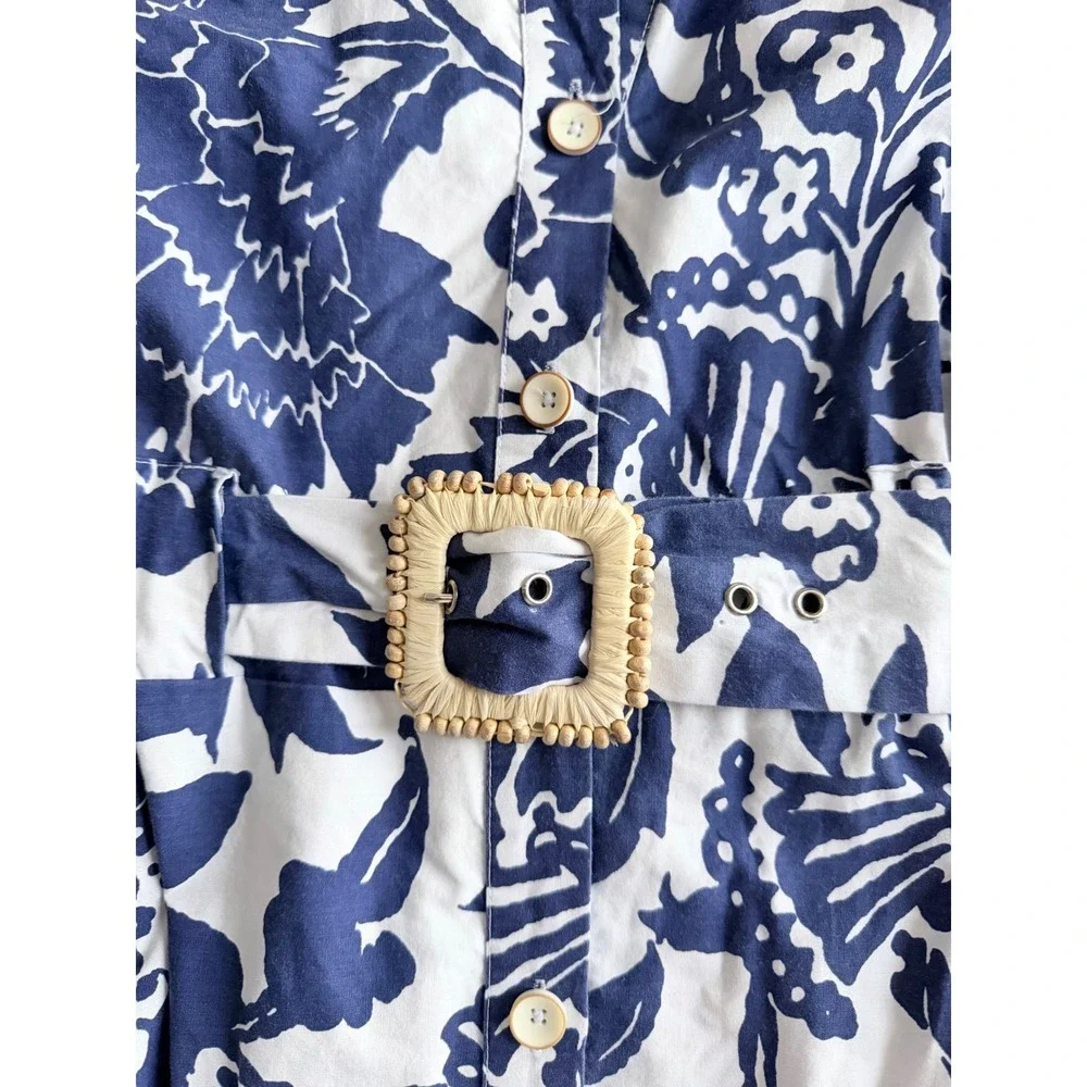 Joie Blue White Floral Cotton Midi Shirtdress Belted Short Sleeve Pockets Large - Picture 8 of 13